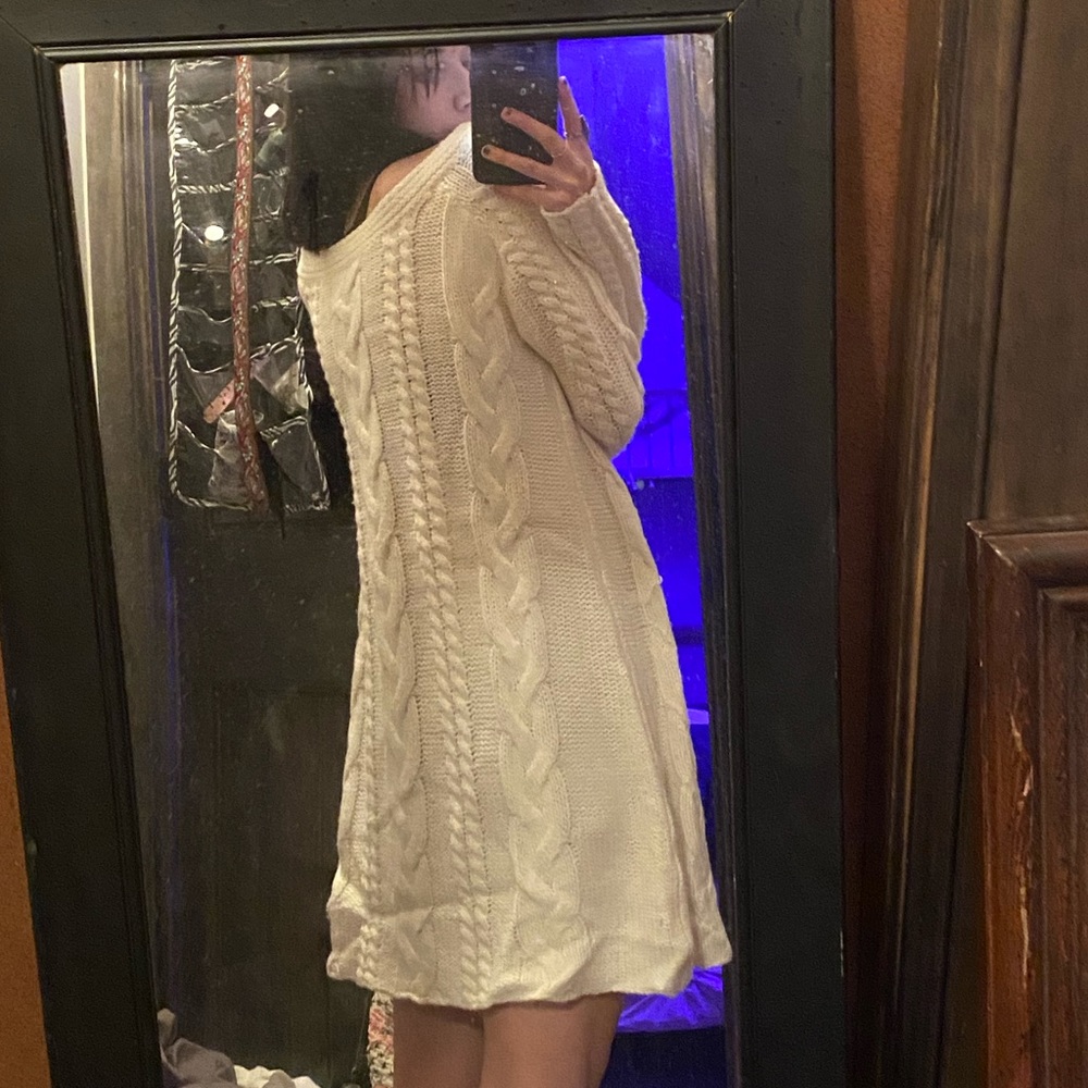 white cable knit sweater dress